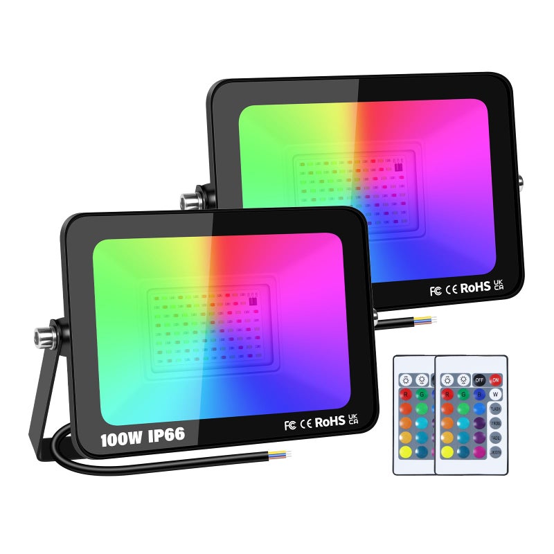 SKYWORLD SKYWORLD 100 W RGB LED Floodlight, Outdoor LED Spotlight with Remote Control Floodlight IP66 Waterproof, 6000 K RGBW Decorative Lights for Halloween, Birthday Party, DIY Strobe Mode Lighting, Pack of - Image 1