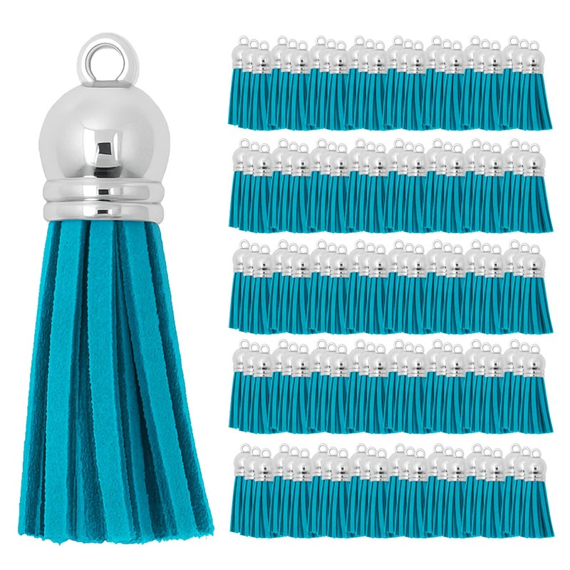 Mandala Crafts 100 Pcs Silver Cap Peacock Blue Faux Suede Tassels Bulk Keychain Making Supplies - Small Leather Tassels for Charms, Jewelry Making, and DIY Crafts - Image 1
