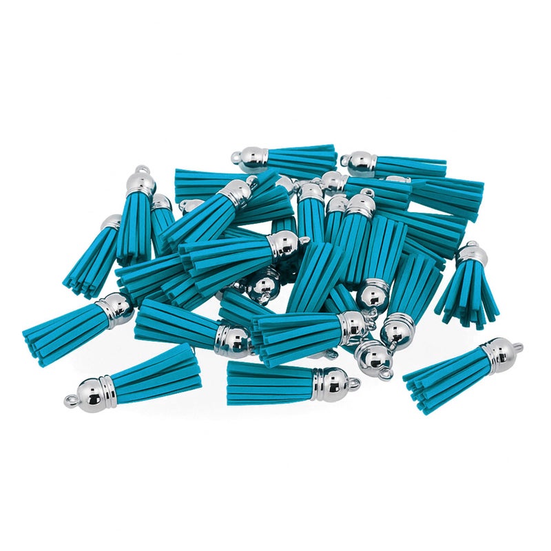 Mandala Crafts 100 Pcs Silver Cap Peacock Blue Faux Suede Tassels Bulk Keychain Making Supplies - Small Leather Tassels for Charms, Jewelry Making, and DIY Crafts - Image 2