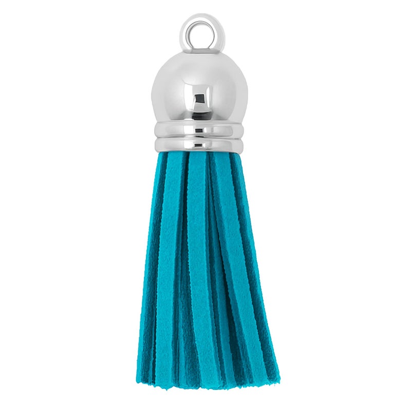 Mandala Crafts 100 Pcs Silver Cap Peacock Blue Faux Suede Tassels Bulk Keychain Making Supplies - Small Leather Tassels for Charms, Jewelry Making, and DIY Crafts - Image 3