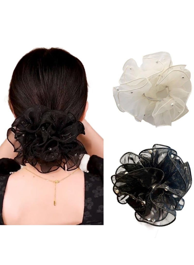 ربطات شعر مرنة من الدانتيل والأورجانزا، قطعتان، إكسسوارات شعر للنساء والفتيات، ربطات شعر أنيقة على شكل ذيل حصان، مناسبة للشعر الكثيف والمجعد. - Image 1