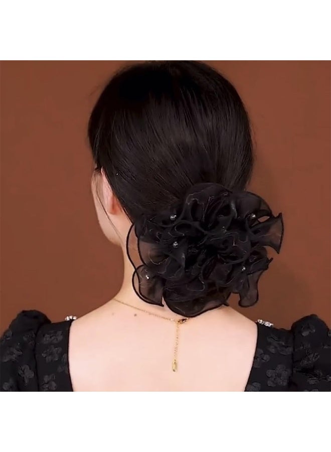 ربطات شعر مرنة من الدانتيل والأورجانزا، قطعتان، إكسسوارات شعر للنساء والفتيات، ربطات شعر أنيقة على شكل ذيل حصان، مناسبة للشعر الكثيف والمجعد. - Image 2