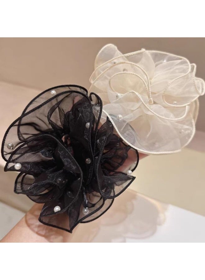 ربطات شعر مرنة من الدانتيل والأورجانزا، قطعتان، إكسسوارات شعر للنساء والفتيات، ربطات شعر أنيقة على شكل ذيل حصان، مناسبة للشعر الكثيف والمجعد. - Image 5