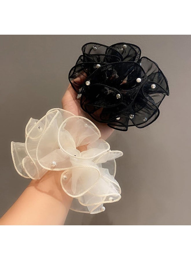 ربطات شعر مرنة من الدانتيل والأورجانزا، قطعتان، إكسسوارات شعر للنساء والفتيات، ربطات شعر أنيقة على شكل ذيل حصان، مناسبة للشعر الكثيف والمجعد. - Image 4