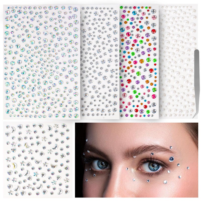 vivinin 1465P Face Gems, Self-Adhesive Hair Gems, 5 Different Types of Face Rhinestones, Face Gems Stick On for Face, Eyes, Body, Hair, Makeup, Festival Decorations, DIY Crafts - Image 1