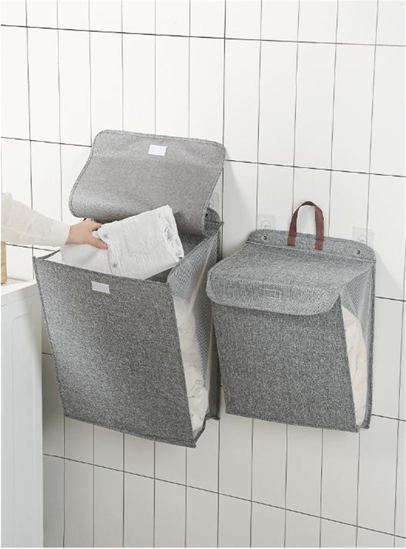 سلة غسيل معلقة، سلة توفير المساحة مع مقبض، شبكة دقيقة لترتيب وتنظيم الملابس المتسخة، مجموعة من 2 (1 كبيرة، 1 متوسطة)، رمادي - Image 2