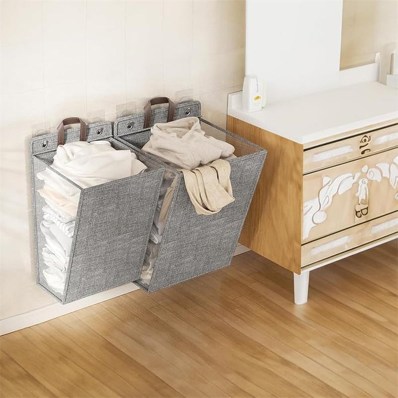 سلة غسيل معلقة، سلة توفير المساحة مع مقبض، شبكة دقيقة لترتيب وتنظيم الملابس المتسخة، مجموعة من 2 (1 كبيرة، 1 متوسطة)، رمادي - Image 5