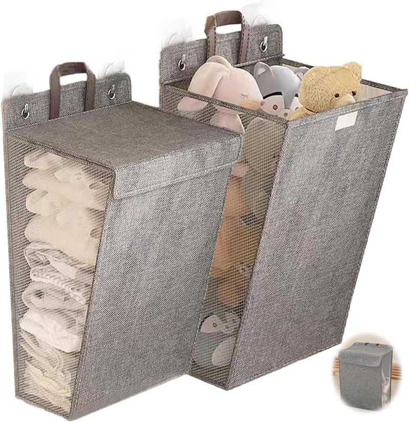 سلة غسيل معلقة، سلة توفير المساحة مع مقبض، شبكة دقيقة لترتيب وتنظيم الملابس المتسخة، مجموعة من 2 (1 كبيرة، 1 متوسطة)، رمادي - Image 1