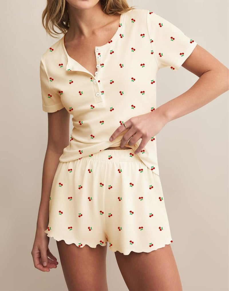 Lacozy Womens Pajama Set Cute Cherry Graphic Pjs Summer Crew Neck Button Top and Shorts Y2k Sleepwear Apricot XL - Image 2