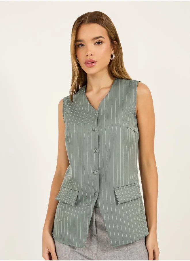 Styli Striped Longline Button Through V Neck Waistcoat