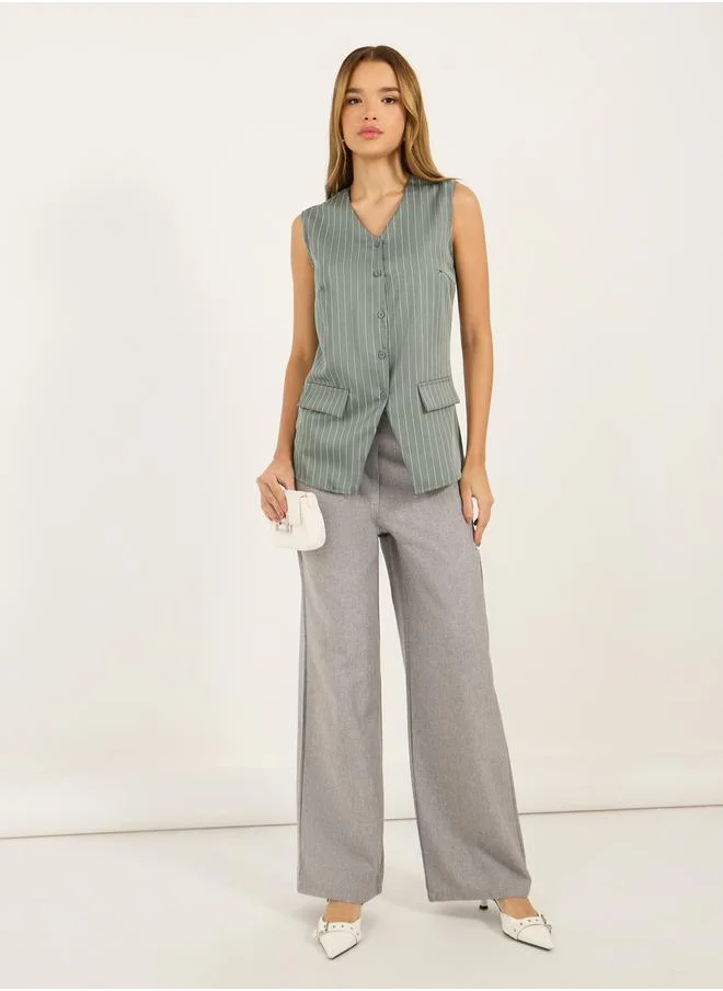 Styli Striped Longline Button Through V Neck Waistcoat
