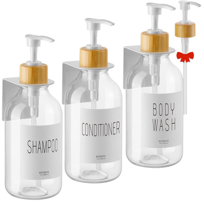موزع شامبو وبلسم VITVITI وصابون استحمام موزع صابون مثبت على الحائط 3 غرف بدون حفر 17 أونصة زجاجات استحمام بلاستيكية للحمام واضحة 3 مجموعات