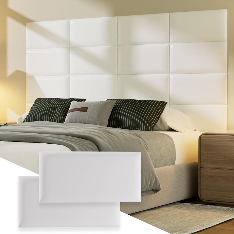 Elvone Upholstered Headboard Panels, 12 Panels Sized 7.8" x 15.7" Peel and Stick Padded Wall Panels for Kids, 3D Anti-Collision Wall Mounted Bed headboard for Full, White - Image 1