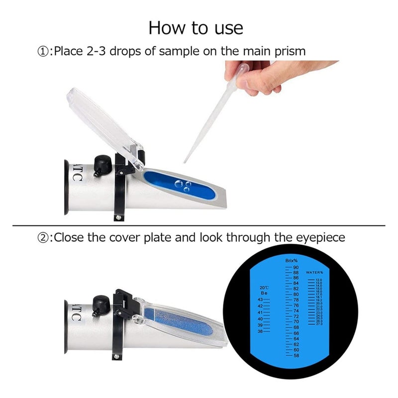 Refractometer, Hand Held Honey Refractometer 58-90% Brix Sugar Baume 38-43Be' Water 12-27% Content Beekeeping Meter(with Box) - Image 4