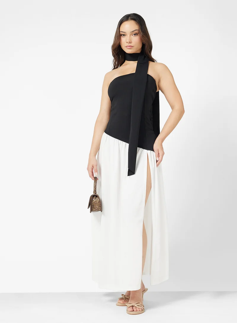 جينجر Bandeau Scarf Detail Dropwaist Dress with Slit