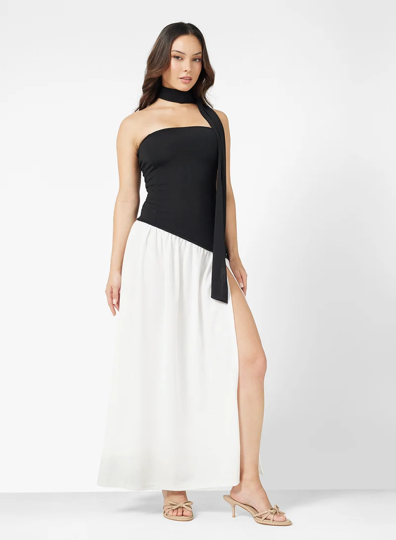 جينجر Bandeau Scarf Detail Dropwaist Dress with Slit