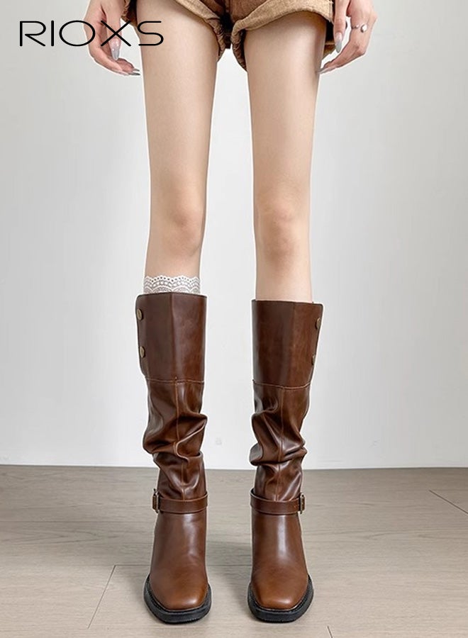 RIOXS Womens Knee High Boots, Classic Leather Tall Riding Riding Boots for Ladies, Square Toe Low Chunky Heel Chukka Boots, Fashion Fall Winter Combat Booties Buckle Style Pull On Dress Boots for Travel Dating Masquerade, Brown - Image 5