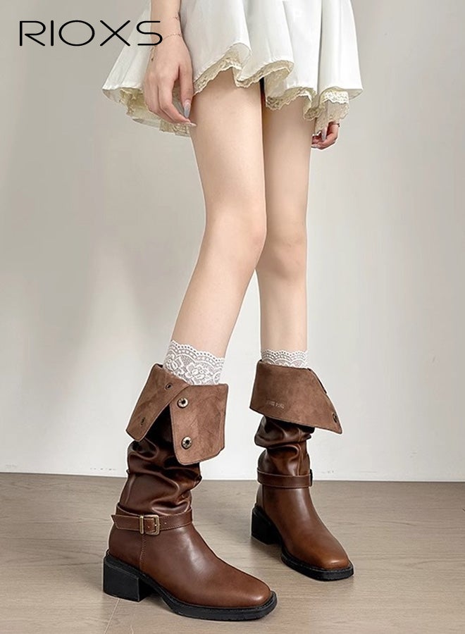 RIOXS Womens Knee High Boots, Classic Leather Tall Riding Riding Boots for Ladies, Square Toe Low Chunky Heel Chukka Boots, Fashion Fall Winter Combat Booties Buckle Style Pull On Dress Boots for Travel Dating Masquerade, Brown - Image 4