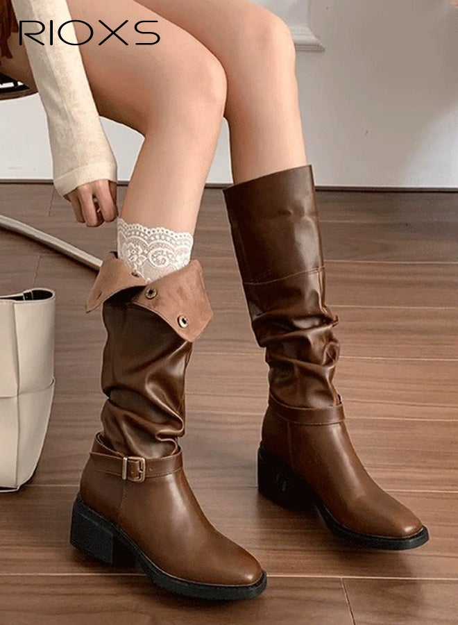 RIOXS Womens Knee High Boots, Classic Leather Tall Riding Riding Boots for Ladies, Square Toe Low Chunky Heel Chukka Boots, Fashion Fall Winter Combat Booties Buckle Style Pull On Dress Boots for Travel Dating Masquerade, Brown - Image 1
