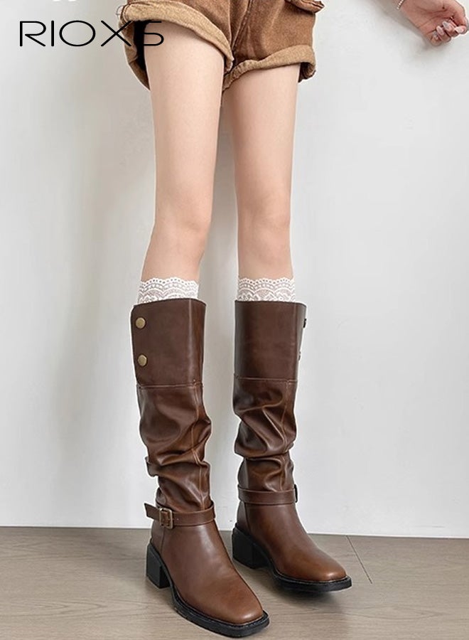 RIOXS Womens Knee High Boots, Classic Leather Tall Riding Riding Boots for Ladies, Square Toe Low Chunky Heel Chukka Boots, Fashion Fall Winter Combat Booties Buckle Style Pull On Dress Boots for Travel Dating Masquerade, Brown - Image 2