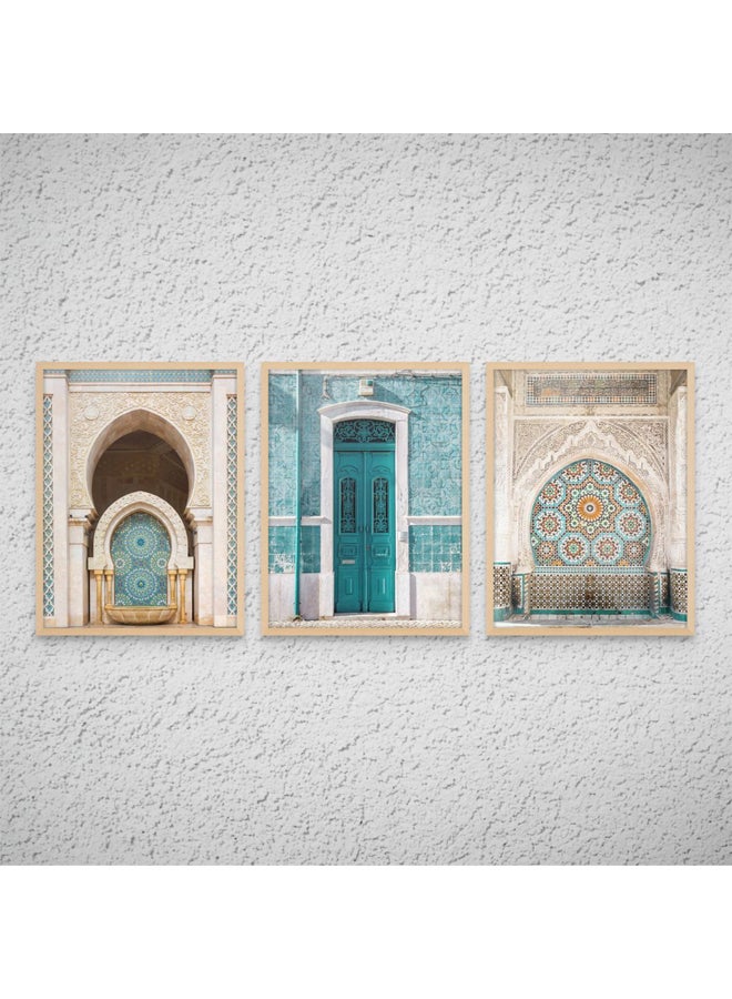 آرت دیکور  ديكور فني مؤطر للفنون الجميلة مجموعة من 3 أعمال فنية لمسجد العمارة المغربية الإسلامية، صورة مطبوعة روحية دينية، ديكور جداري للمنزل وغرفة النوم وغرفة المعيشة والمكتب كهدية - Image 1