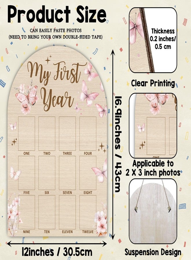 SIXEIGHT Butterfly My First Year Photo Board Frame, 12 Monthly Baby Milestone Wooden Sign, Gender Neutral Nursery Decor for Girl Boy, Baby Keepsake Gifts for 1st Butterfly Birthday Decorations-A14 - Image 2