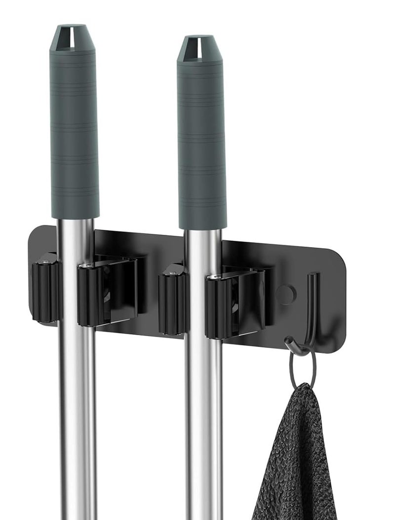 BAREPEPE Self Adhesive Broom Holder and Mop Stand Wall Mounted - Black - Image 1