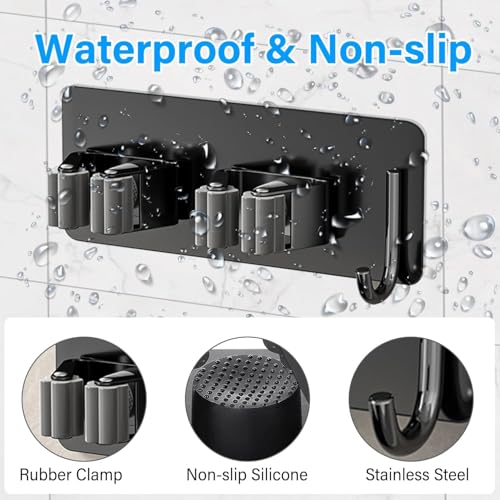 BAREPEPE Self Adhesive Broom Holder and Mop Stand Wall Mounted - Black - Image 2