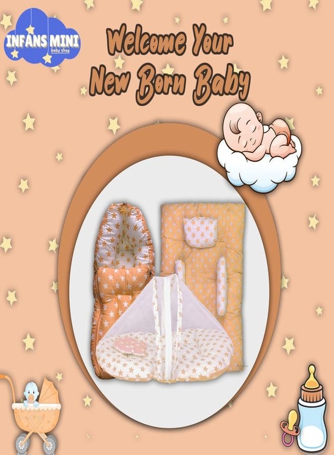 Infans Mini New Born Baby Bedding Set Premium Cotton|Baby Carry Bed|Mosquito Net Bed|Baby Sleeping Bed for 4-8 Months Babies(Mega)|Unisex 3 Pcs Portable Bedding Set |(Milky Star Orange) - Image 5