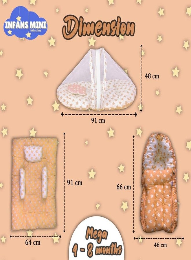 Infans Mini New Born Baby Bedding Set Premium Cotton|Baby Carry Bed|Mosquito Net Bed|Baby Sleeping Bed for 4-8 Months Babies(Mega)|Unisex 3 Pcs Portable Bedding Set |(Milky Star Orange) - Image 4