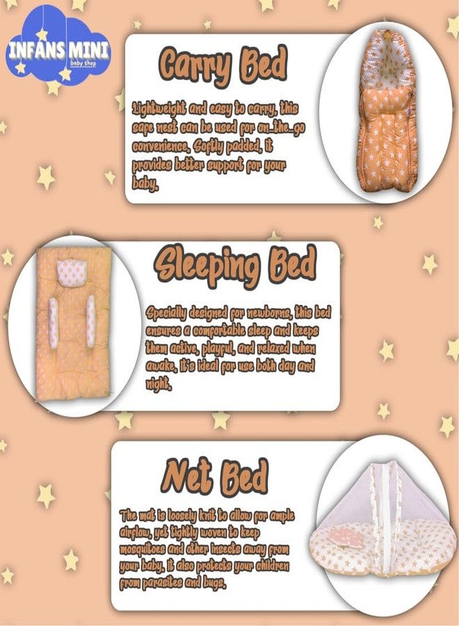 Infans Mini New Born Baby Bedding Set Premium Cotton|Baby Carry Bed|Mosquito Net Bed|Baby Sleeping Bed for 4-8 Months Babies(Mega)|Unisex 3 Pcs Portable Bedding Set |(Milky Star Orange) - Image 2