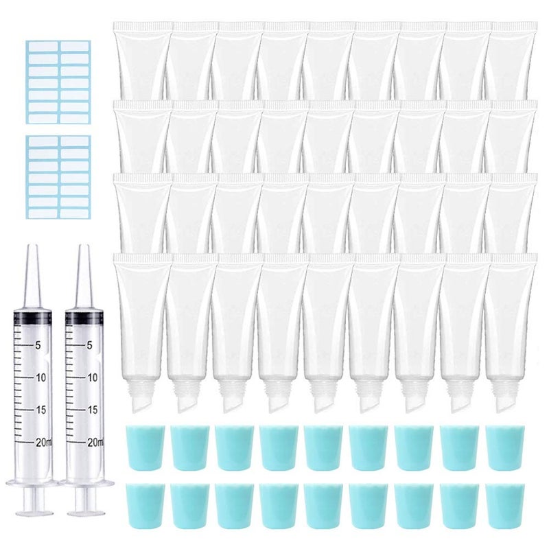 AMORIX 50PCS 10ml Lip Gloss Tubes Clear Empty Lip Balm Containers with Blue Cap Refillable Soft Cosmetic Squeeze Tubes for Lip Gloss Base Glitter Pigment Powder 2 Syringes  Tag Labels Stickers