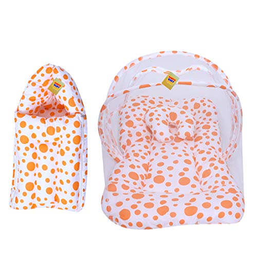 Fareto Baby Mattress with Mosquito Net & Sleeping Bag Combo 0-6 Months(PI: Circle) (0-6 Months) (Orange) - Image 1