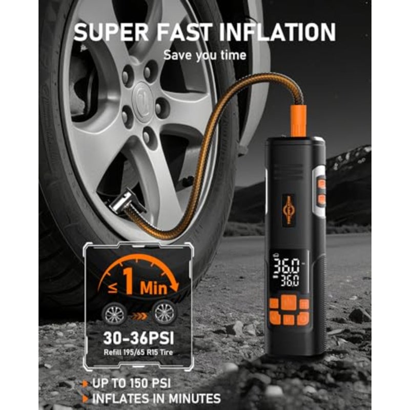 150PSI Tire Inflator Portable Air Compressor, Cordless Bike Pump Fast Inflation, Digital Pressure Gauge, LED Light, Auto Shutoff, One-Click Start, for Car, Motorcycle, Bicycle, Ball - Image 2