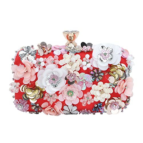 Lanpet Women Clutches Flower Evening Handbag Chain Strap Shoulder Bag Red - Image 1