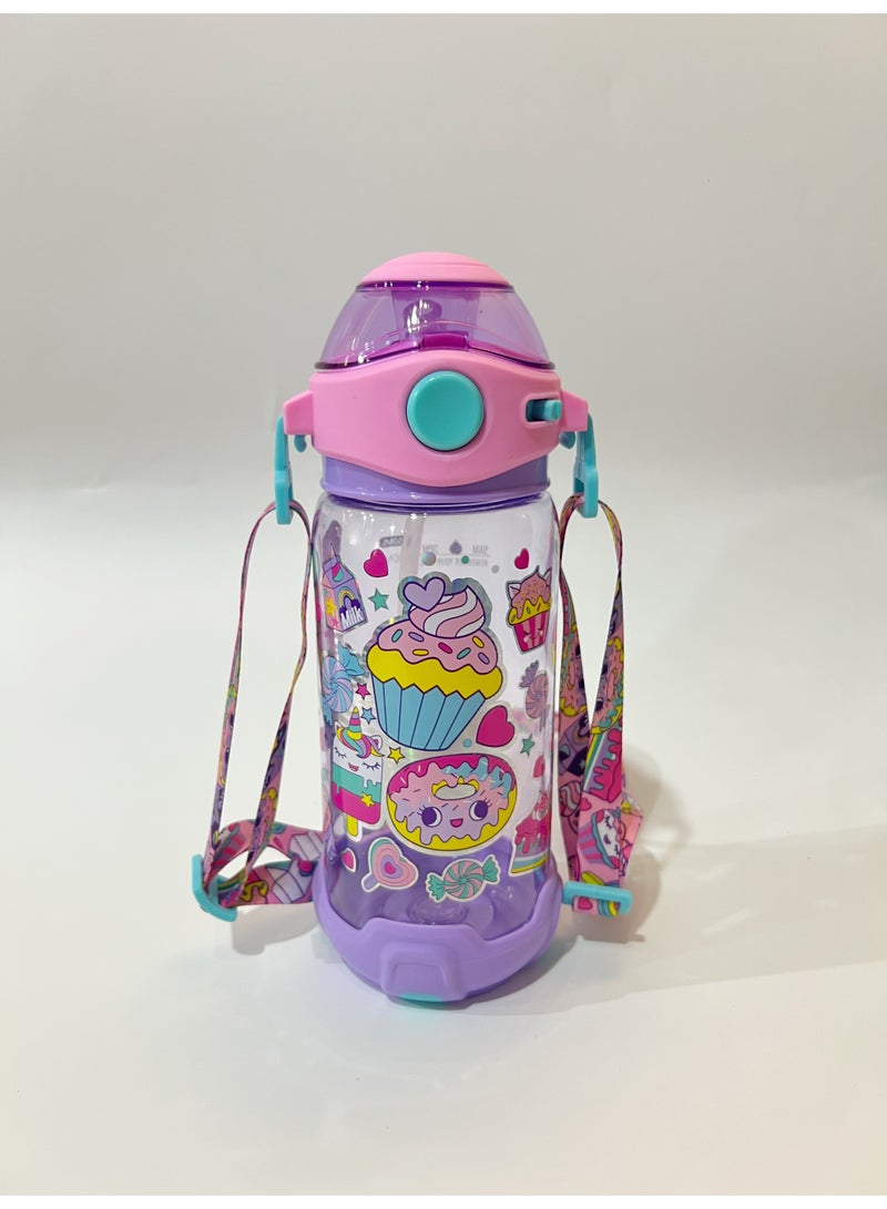 Dessert Theme Kids Water Bottle Sippy Cup with Straw, 650ML BPA-Free Leakproof Water Bottle with Adjustable Shoulder Strap, Portable Drinking Cup for Kids