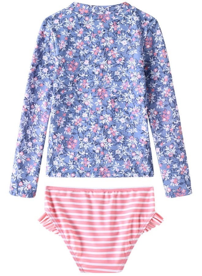 UMELOK Toddler Girls Rashguard Swimsuit 2-Pieces Long Sleeve Bathing Suit Swimsuit Sets Light Purple/Pink, Floral/Stripe 3T - Image 3