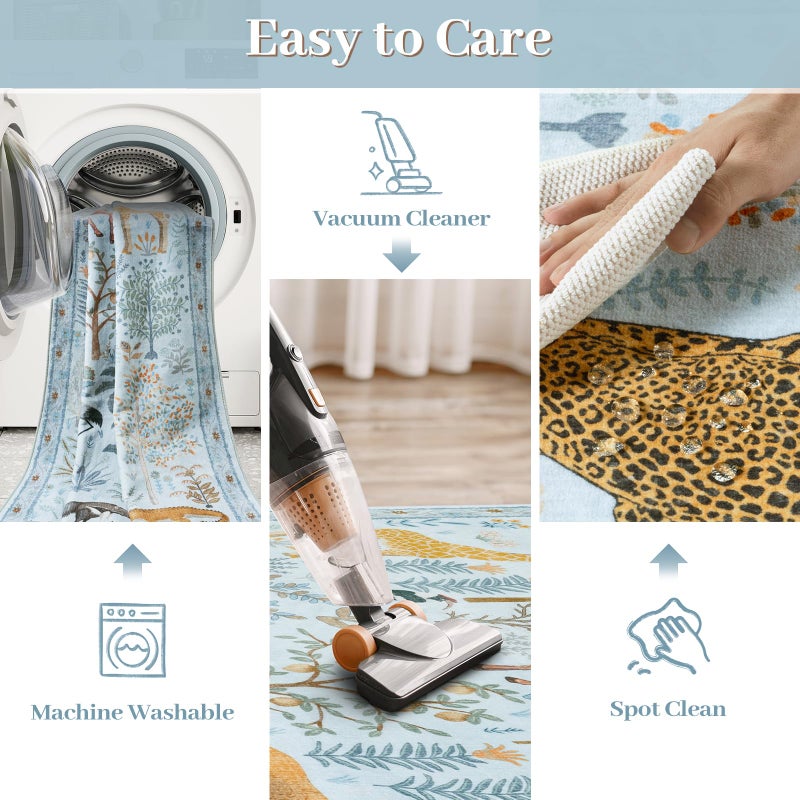 OJIA Animal Print Washable Area Rug 5x7, Soft Nursery Rugs for Living Room Ultra-Thin Non-Shedding Kids Bedroom Rug, Stain Resistant Throw Rug Large Carpet for Dining Room, Light Blue - Image 4