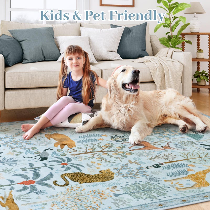 OJIA Animal Print Washable Area Rug 5x7, Soft Nursery Rugs for Living Room Ultra-Thin Non-Shedding Kids Bedroom Rug, Stain Resistant Throw Rug Large Carpet for Dining Room, Light Blue - Image 5