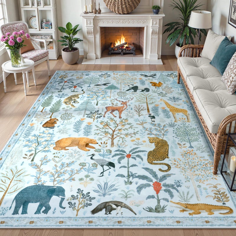 OJIA Animal Print Washable Area Rug 5x7, Soft Nursery Rugs for Living Room Ultra-Thin Non-Shedding Kids Bedroom Rug, Stain Resistant Throw Rug Large Carpet for Dining Room, Light Blue - Image 1