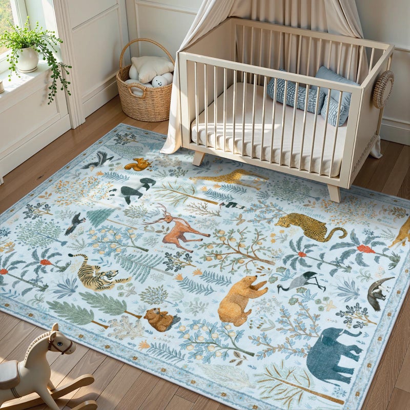 OJIA Animal Print Washable Area Rug 5x7, Soft Nursery Rugs for Living Room Ultra-Thin Non-Shedding Kids Bedroom Rug, Stain Resistant Throw Rug Large Carpet for Dining Room, Light Blue - Image 2