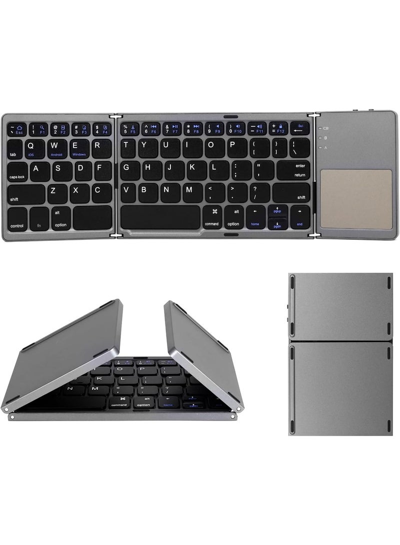 لوحة مفاتيح B033 صغيرة قابلة للطي بتقنية بلوتوث 5.0 بالحجم الكامل مع لوحة لمس - مزامنة حتى 3 أجهزة - لوحة مفاتيح لاسلكية محمولة قابلة لإعادة الشحن ثلاثية الطي مغناطيسية لهواتف Windows Android IOS iPad | رمادي - Image 1