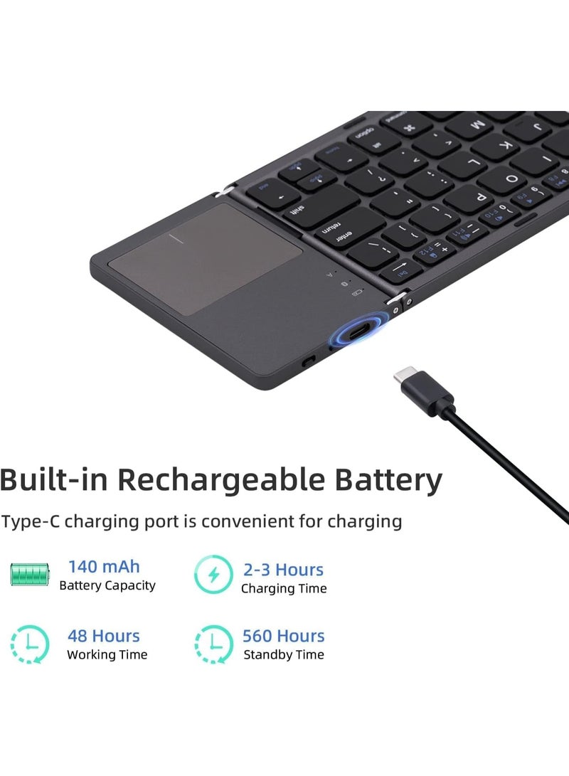 لوحة مفاتيح B033 صغيرة قابلة للطي بتقنية بلوتوث 5.0 بالحجم الكامل مع لوحة لمس - مزامنة حتى 3 أجهزة - لوحة مفاتيح لاسلكية محمولة قابلة لإعادة الشحن ثلاثية الطي مغناطيسية لهواتف Windows Android IOS iPad | رمادي - Image 4