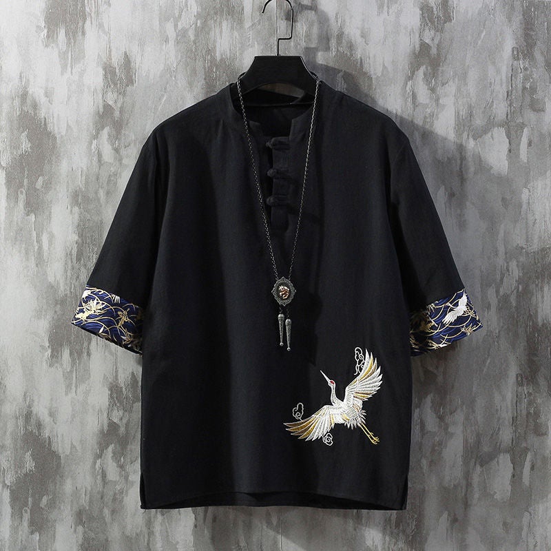 National Fashion T-Shirt Men's Summer Chinese Style Men's Linen Cropped Sleeve Clothes Loose plus size Embroidered Cotton and Linen T-Shirt - Image 1