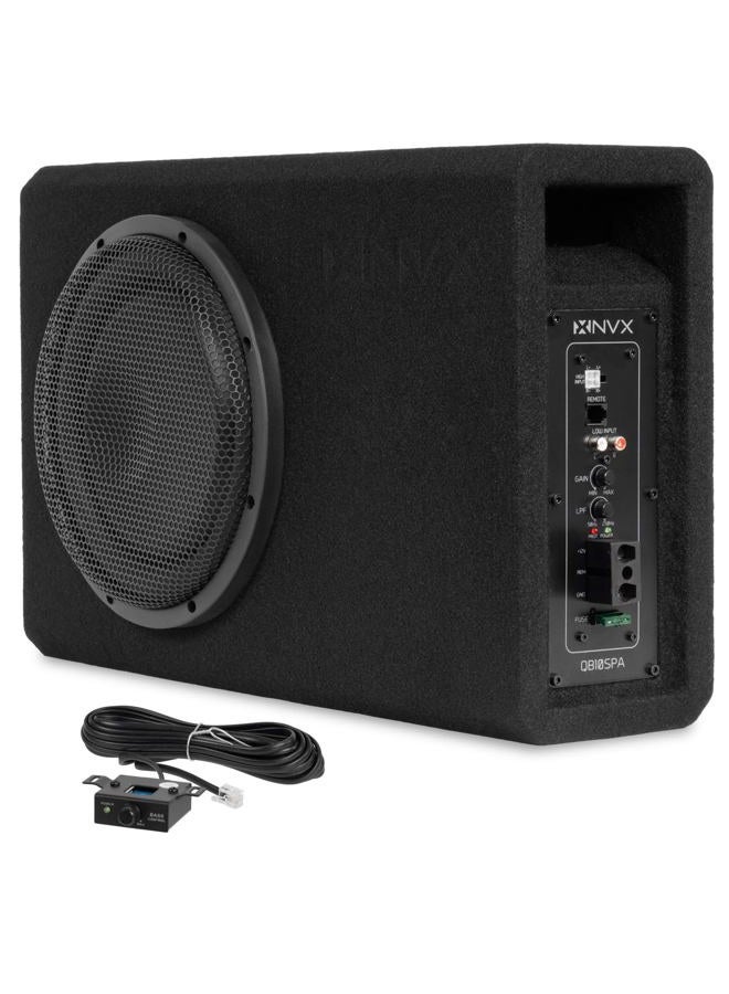 QB10SPA 10" 1200W (350W RMS) Shallow Slot Ported Powered Subwoofer Enclosure – Built-in Amplifier, Metal Grille, Remote Bass Knob, Easy to Install in Cars & Trucks