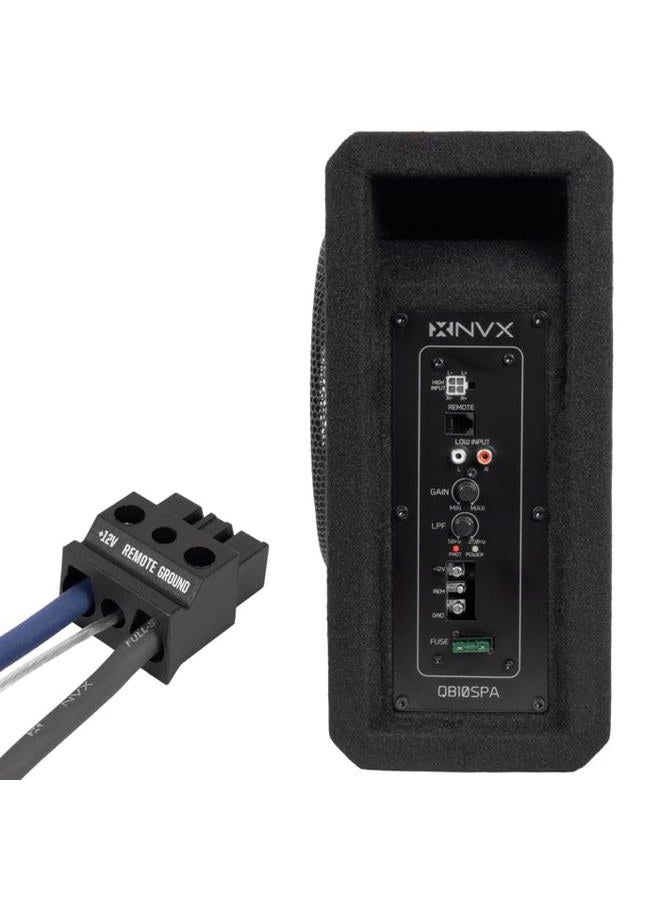 NVX QB10SPA 10" 1200W (350W RMS) صندوق مضخم صوتي محمول مع فتحة ضحلة – مع مضخم مدمج، شبكة معدنية، زر تحكم عن بُعد للباس، سهل التركيب في السيارات والشاحنات - Image 3