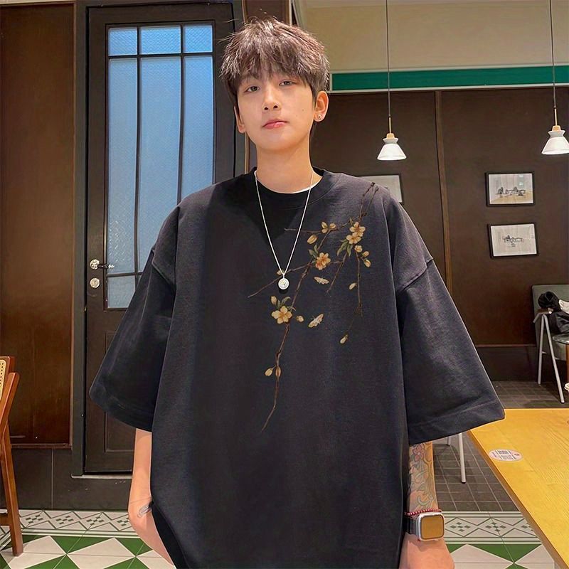 New Chinoiserie National Style Heavy Short-Sleeved T-Shirt Men'S Trendy Brand White Suede Loose Large Size High Street Retro Half-Sleeved T-Shirt - Image 1