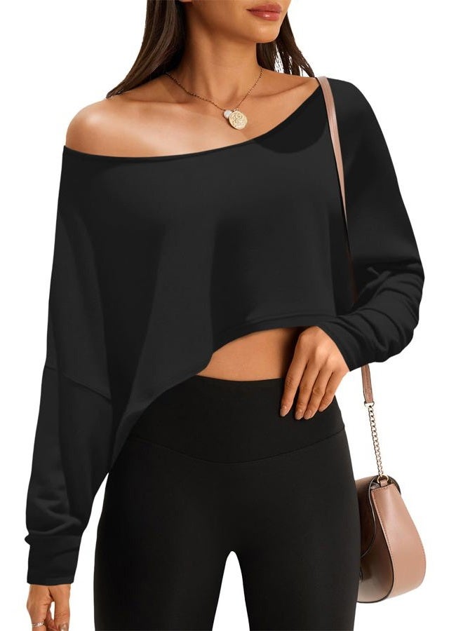 Fisoew Womens Off The Shoulder Crop Tops Loose Fit Batwing Long Sleeve Summer Top Boat Neck Workout T Shirts, Black, XL - Image 1