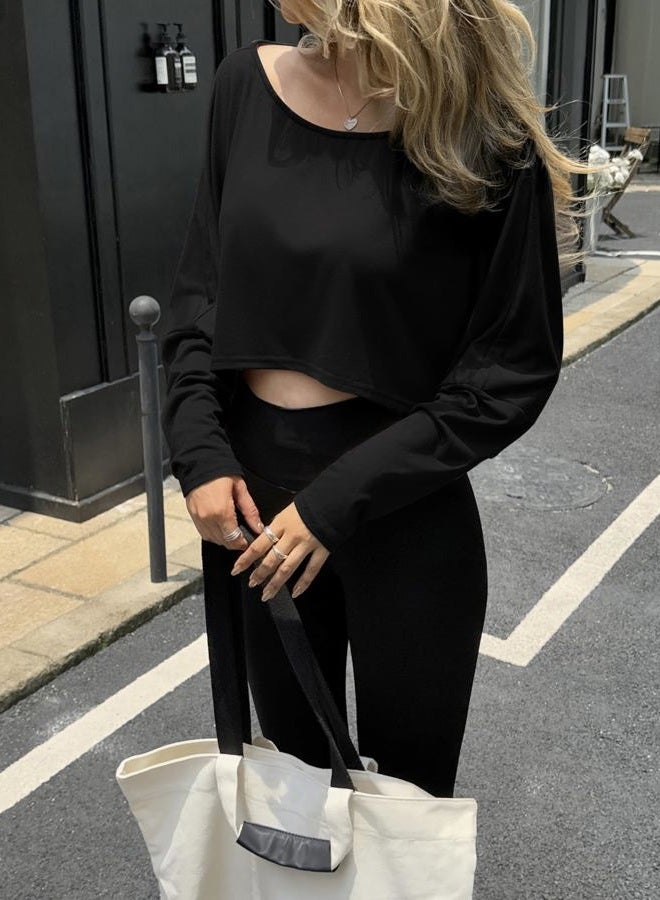 Fisoew Womens Off The Shoulder Crop Tops Loose Fit Batwing Long Sleeve Summer Top Boat Neck Workout T Shirts, Black, XL - Image 4