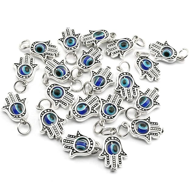High Trendz 20pcs DIY Charms Hamsa Hand Evil Eye Bead Charms for DIY Necklace Bracelet Jewelry Making Findings Antique Silver alloy